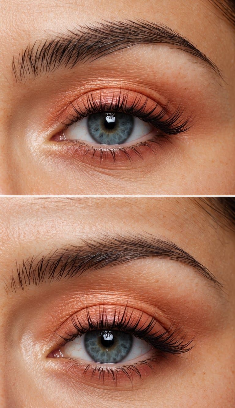 A bride's eye with coral eyeshadow, highlighted by soft sunlight