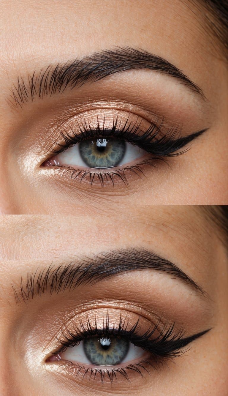 A close-up of a glamorous eye with soft, rose gold eyeshadow and elegant eyeliner, creating a sophisticated Mother’s Day makeup look