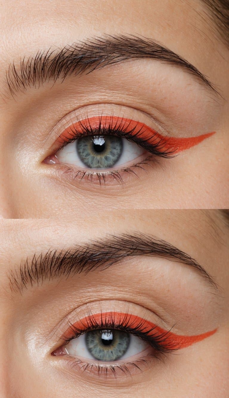 A close-up of an eye with coral winged liner and soft, elegant Mother's Day eye makeup
