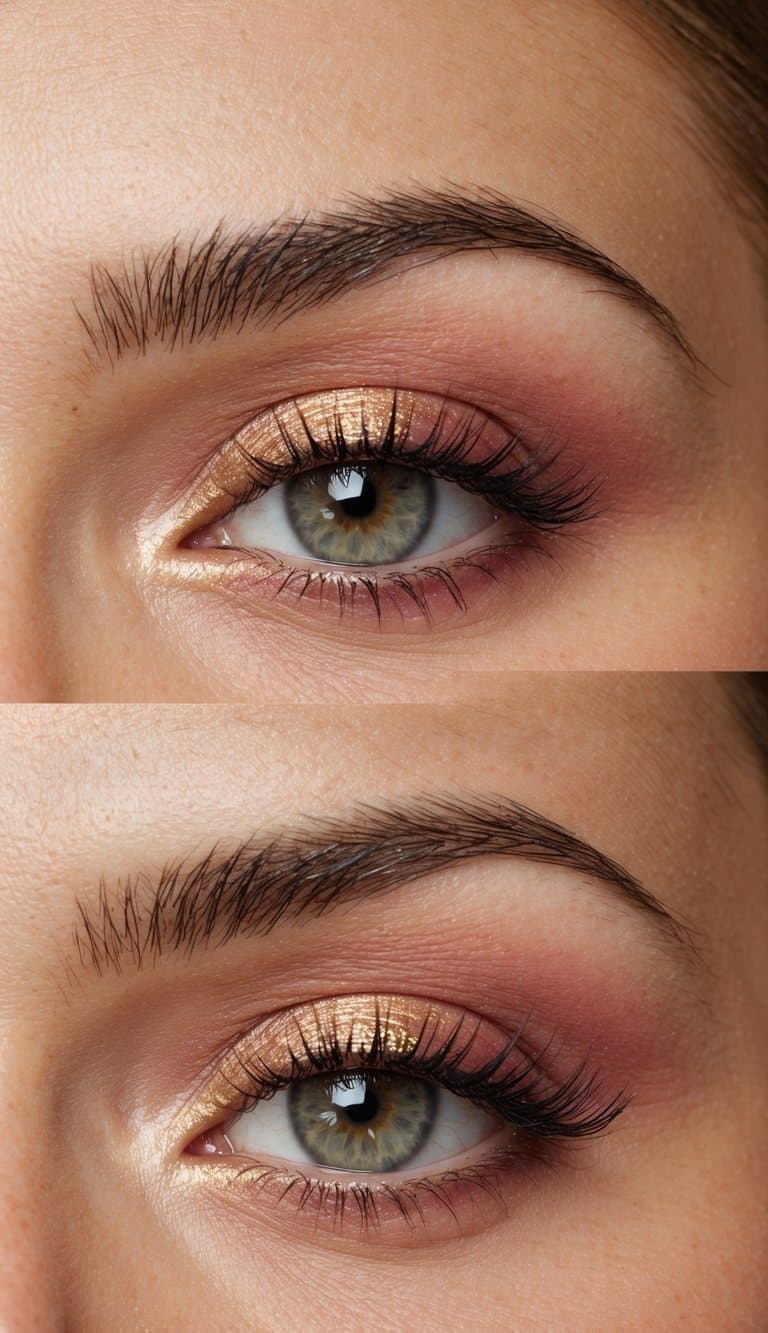 Soft pink and gold hues blend into a warm sunset glow, creating an elegant and feminine Mother's Day eye makeup look