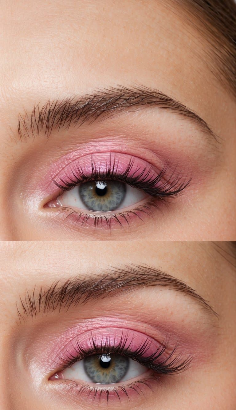A close-up of a soft and elegant eye makeup look in tulip pop pink shades, perfect for Mother's Day