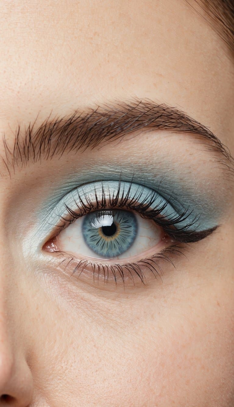 A close-up of an eye with soft, robin's egg blue eyeshadow and delicate accents for Mother's Day makeup