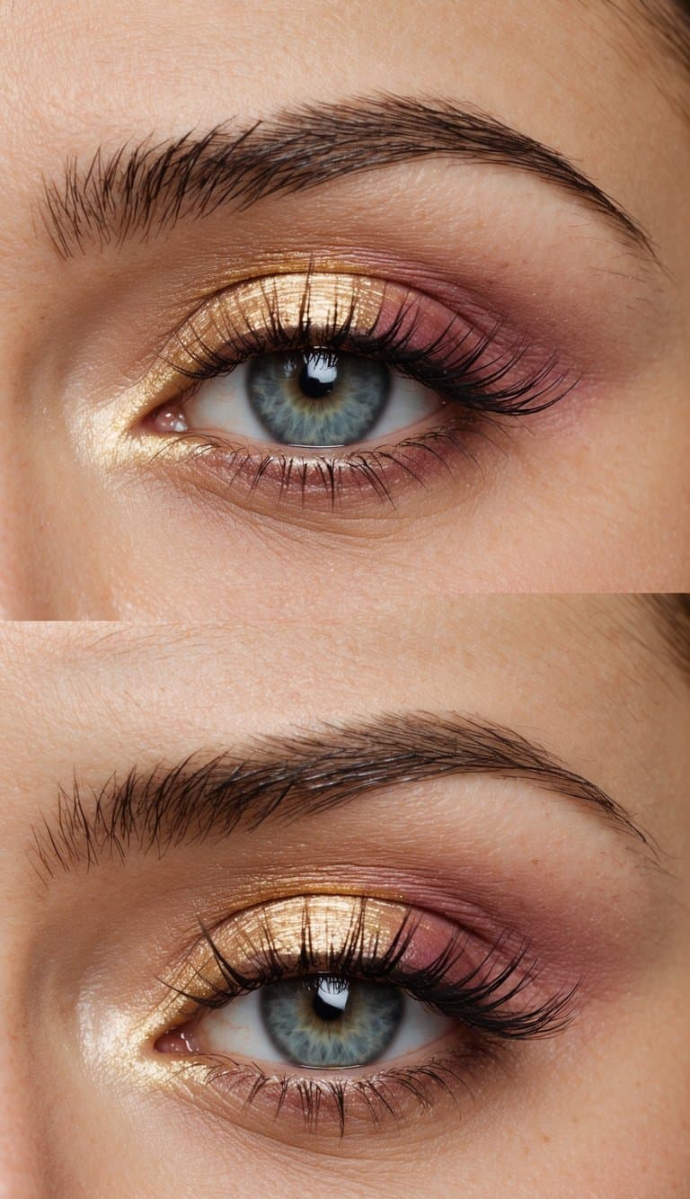 Soft pink and gold eyeshadows blend together, creating a delicate and elegant Mother's Day eye makeup look