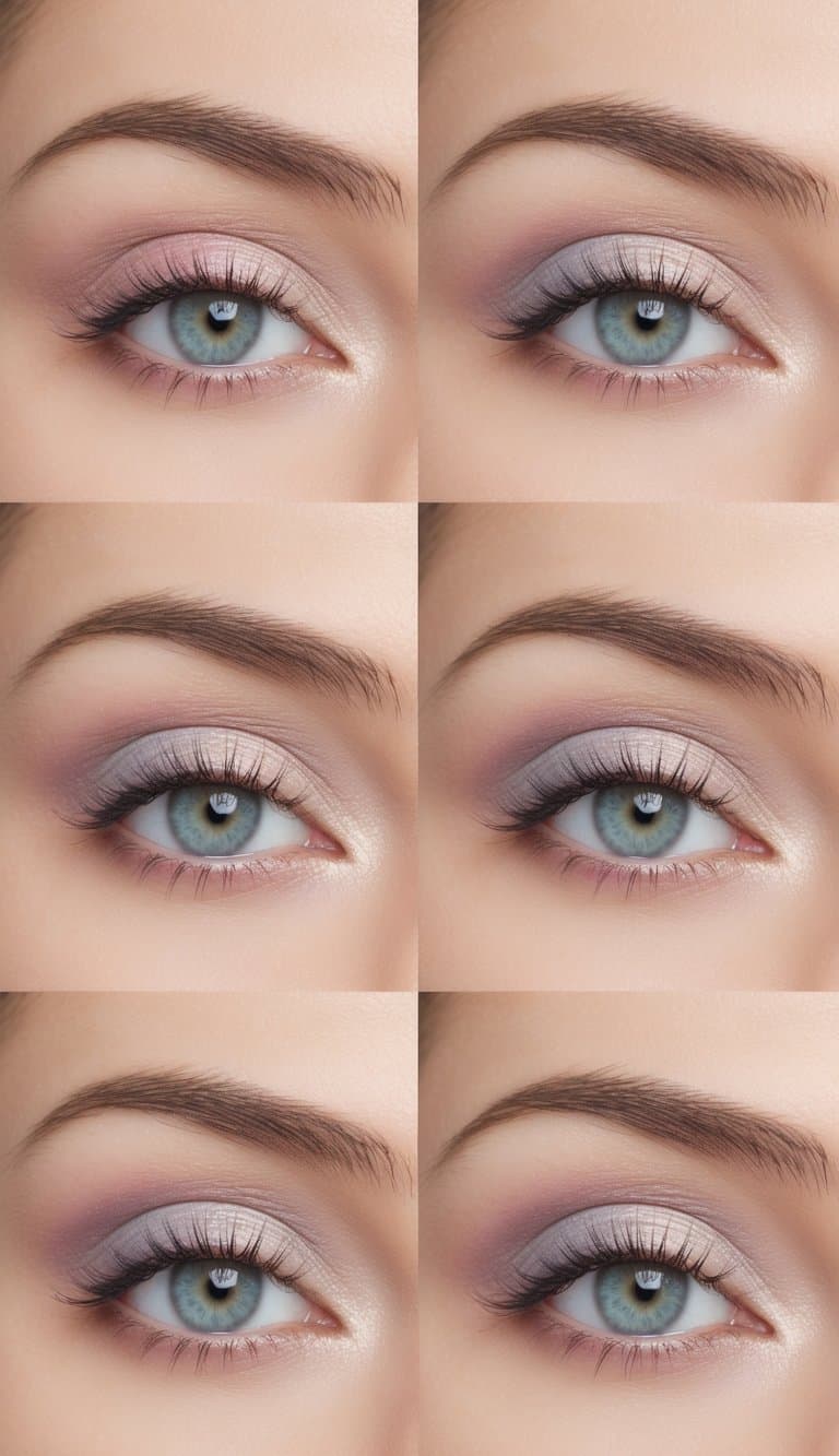 A soft and elegant spring sunrise palette of eye makeup, perfect for Mother's Day, with delicate pastel colors and a touch of shimmer