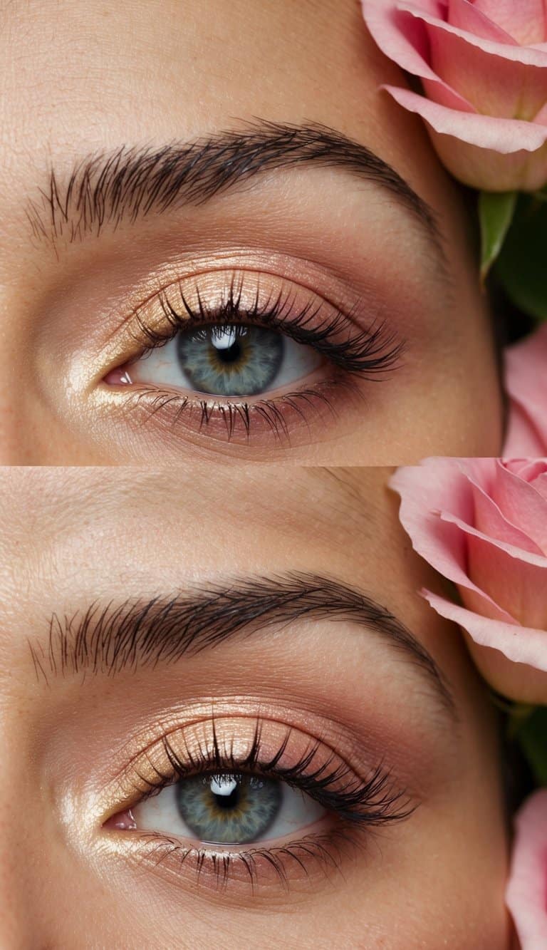 Soft pink and gold eyeshadow palette with a delicate rose in the background