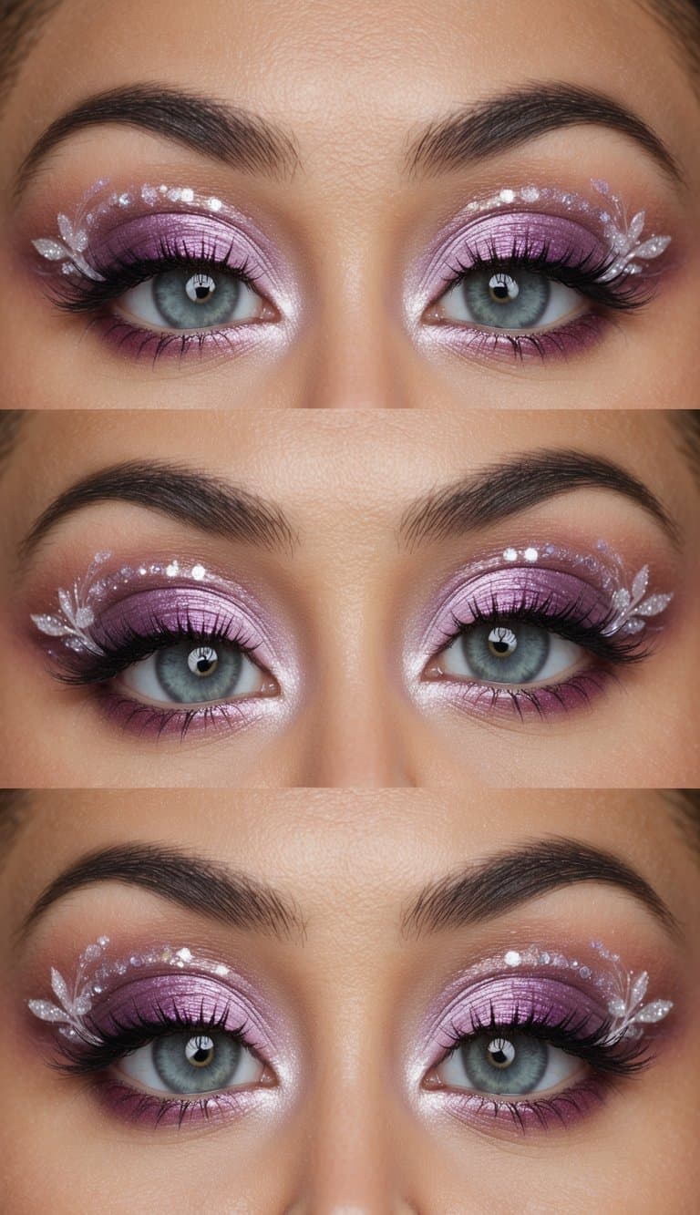 Soft pink and lavender eyeshadows blending together, accented with shimmering highlights and delicate floral designs