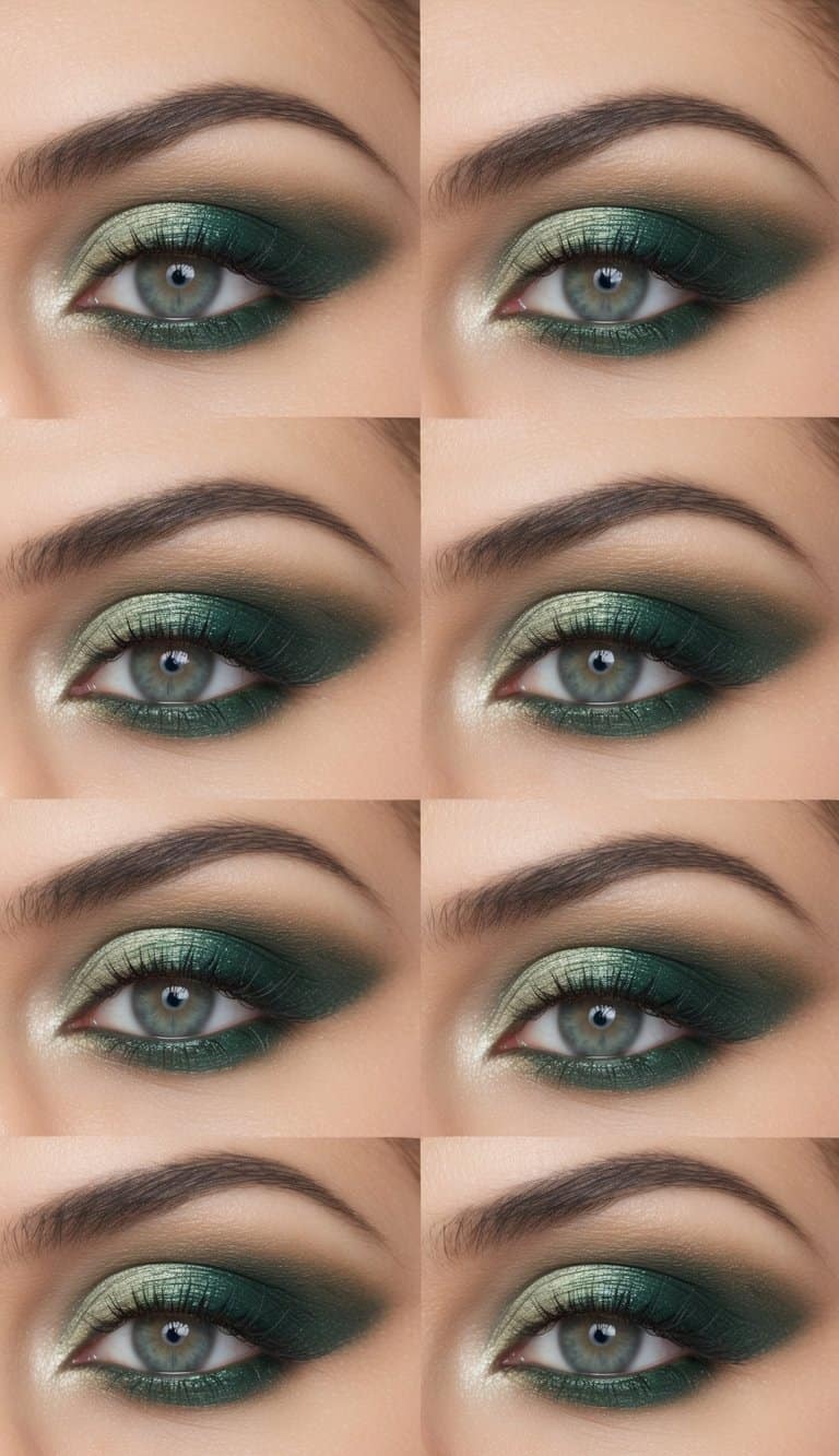 Soft, elegant Mother's Day eye makeup: a delicate blend of emerald and light green shades, accented with shimmering highlights