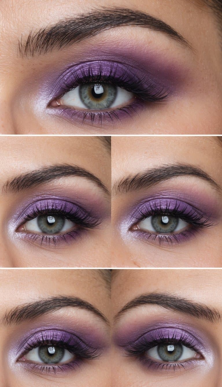 A soft and elegant Mother's Day eye makeup look with a violet horizon tint