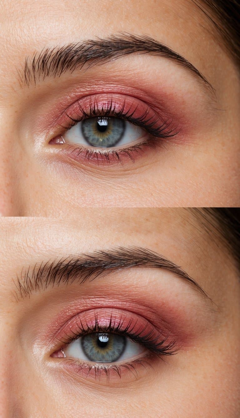 A close-up of a woman's eye with a soft and elegant cranberry blush swipe, creating a beautiful Mother's Day makeup look