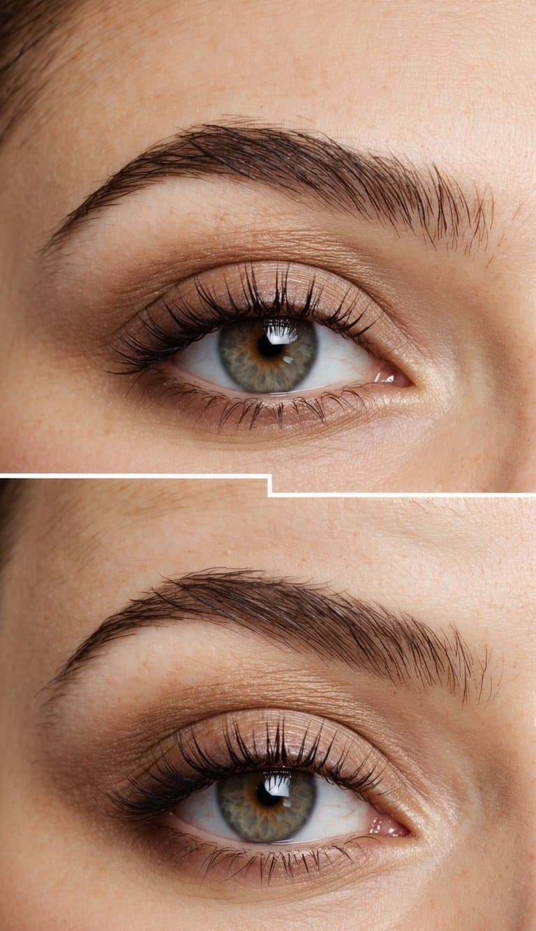 A close-up of a neutral eye makeup look with soft brown and beige tones, emphasizing simplicity and natural beauty