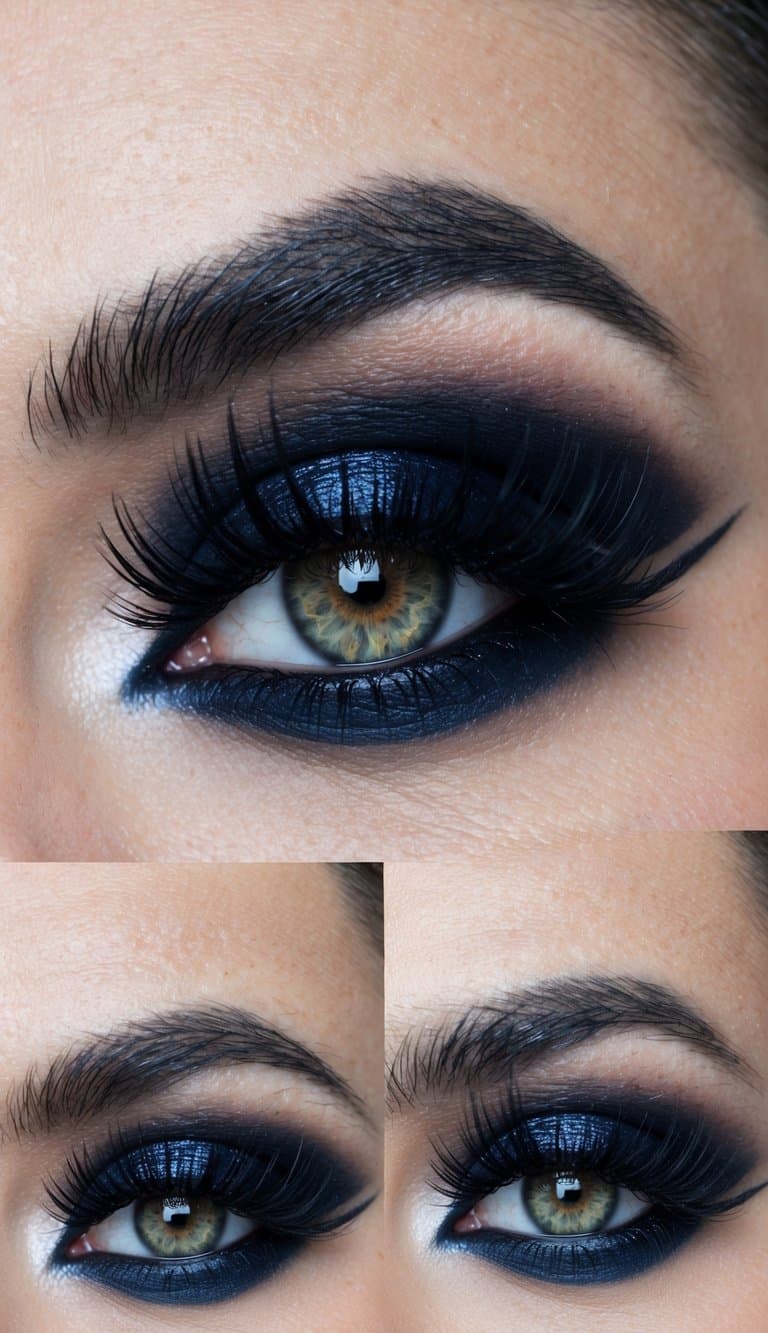 A close-up of a dramatic eye with gothic glam smokey makeup, accented with bold and creative Halloween-themed details