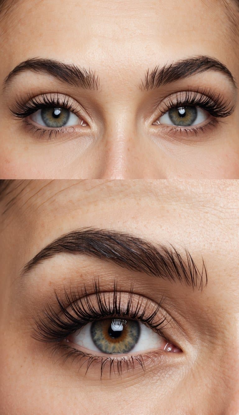 A close-up of defined brows and long lashes with natural eye makeup