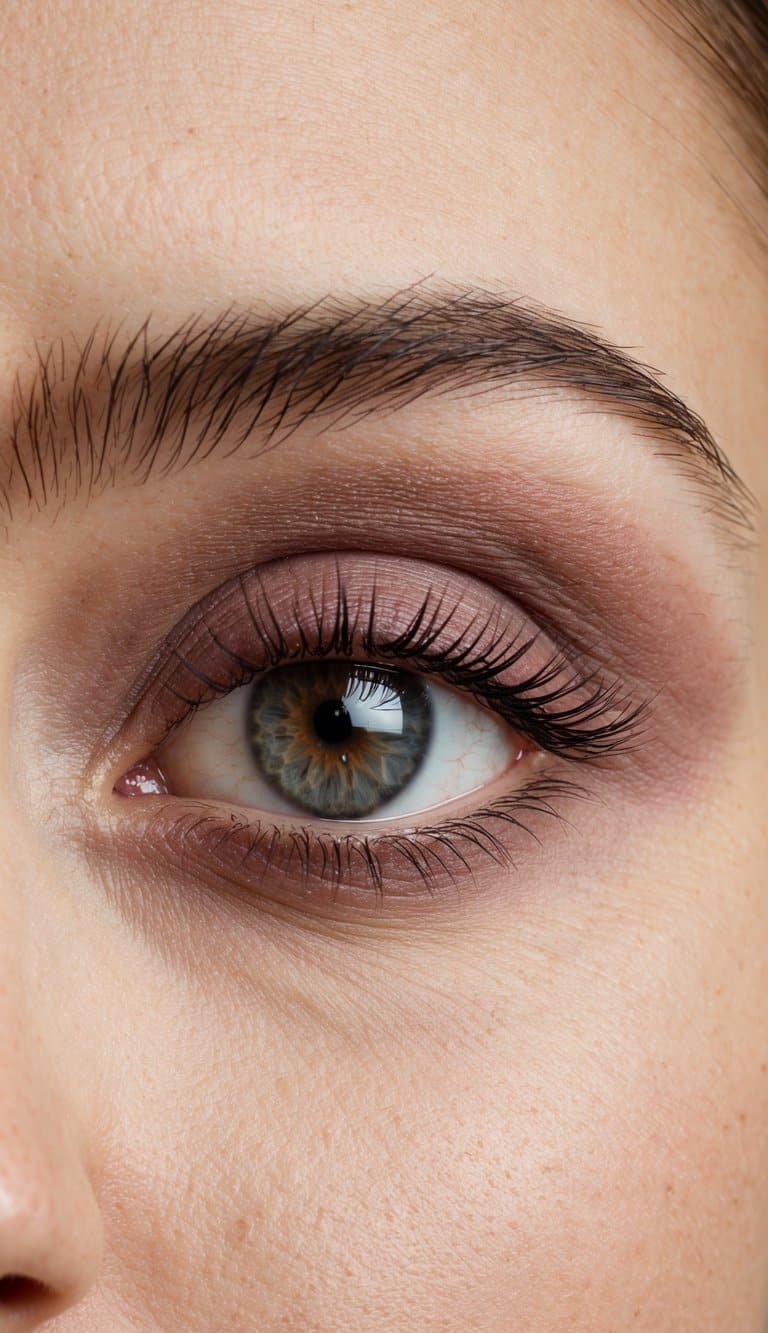 A close-up of an eye with a subtle, monochrome mauve eyeshadow look, with soft, natural lighting to highlight the makeup