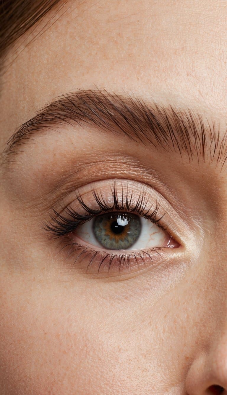 A woman's eye with soft, neutral eyeshadow and a hint of mascara, reflecting natural light