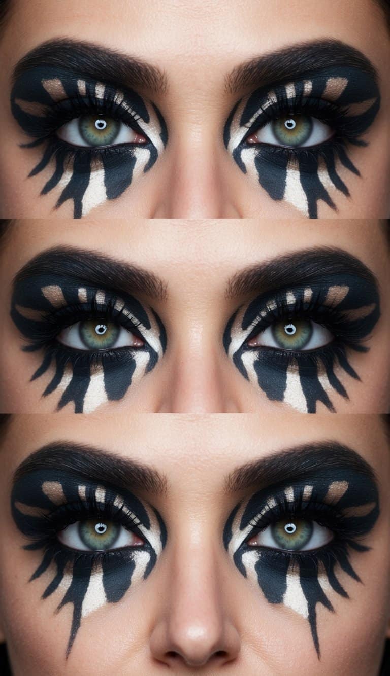 A zebra patterned eye makeup design with bold, intricate details and dark colors