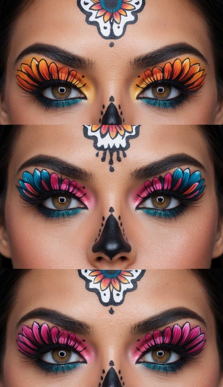 Vibrant flowers and sugar skull motifs adorn the eyes in a bold and creative Halloween makeup look