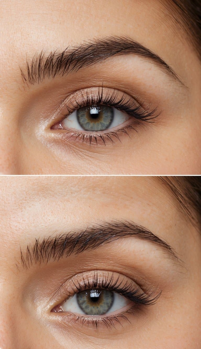 A woman's eye with a subtle, everyday makeup look, featuring neutral tones and a touch of shimmer