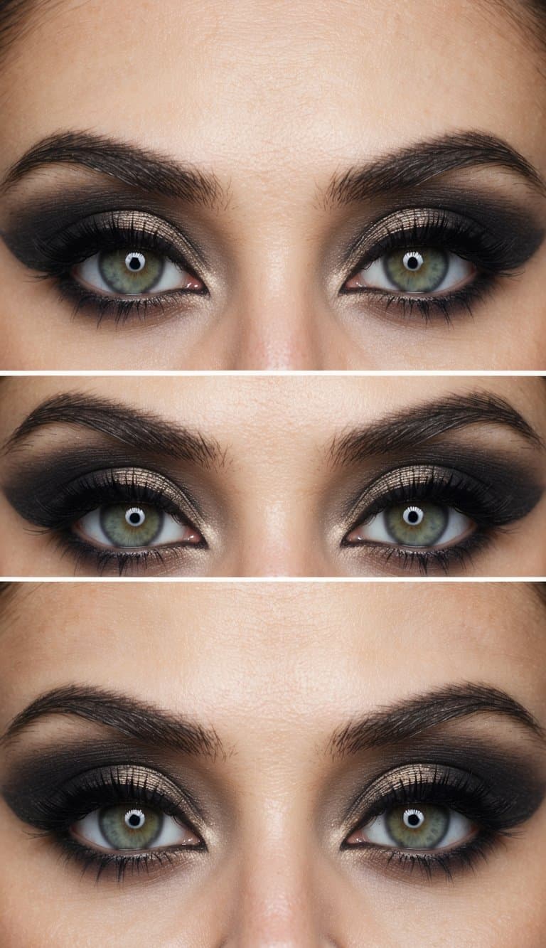 A close-up of a pair of eyes with grunge-inspired eye makeup, featuring smudged eyeliner and dark, earthy tones