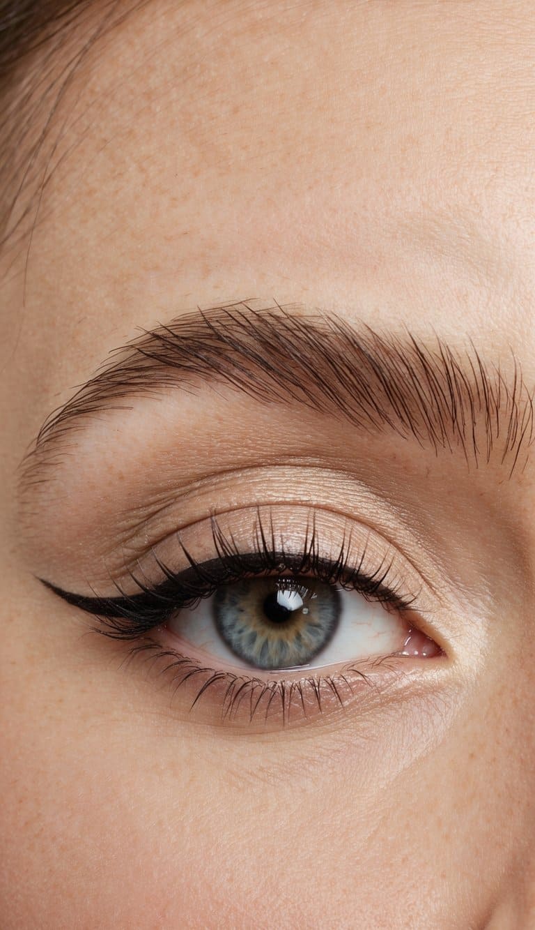 A close-up of a neutral eye with soft, blended eyeshadow and defined eyeliner, with natural lighting to showcase the makeup
