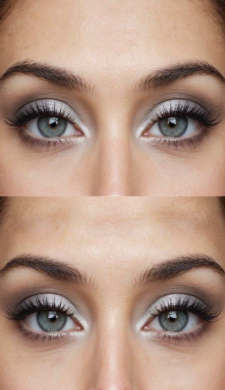 A close-up of a pair of eyes with a soft, cool-toned eyeshadow look in a natural setting