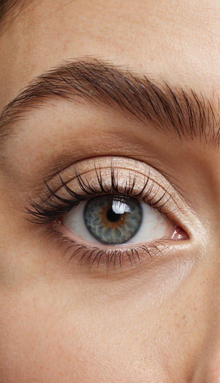 A close-up of an eye with a frosted pearl finish eyeshadow, with natural lighting to highlight the simple everyday makeup look