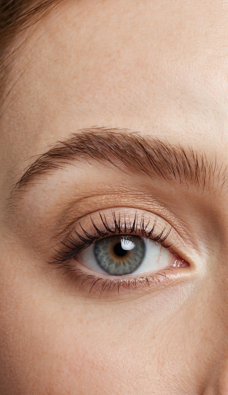 A close-up of an eye with subtle, natural-looking makeup, featuring a soft blend of neutral tones and a touch of shimmer on the lid