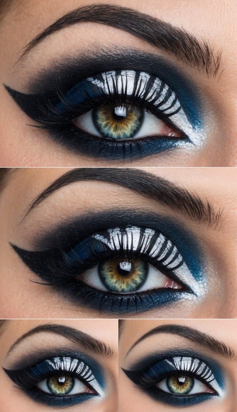 A dramatic eye makeup look inspired by the Phantom of the Opera, featuring bold and intricate designs with a Halloween twist