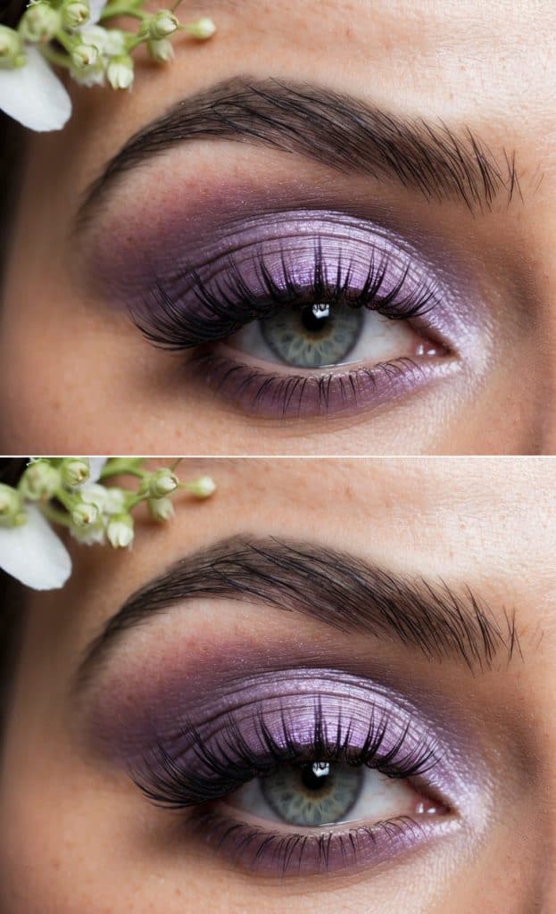 A bride's eyes with lavender eyeshadow and soft, natural lashes, surrounded by delicate flowers
