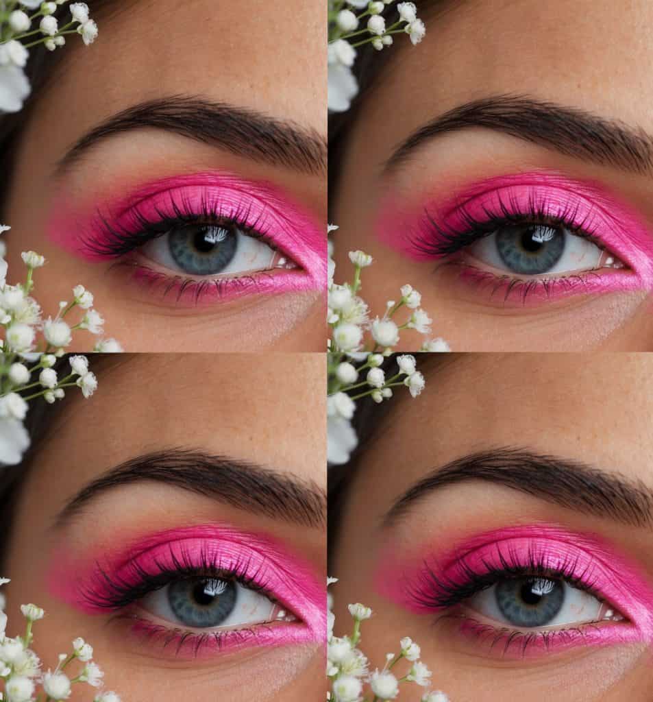 A bride's eye with soft neon pink eyeshadow, surrounded by delicate floral details