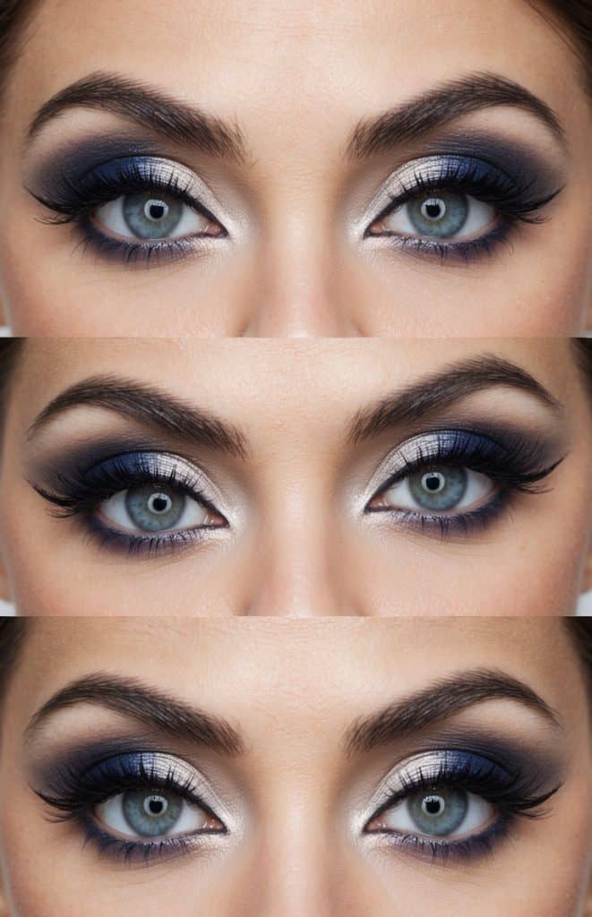 A bride's eye with midnight blue eyeshadow, soft neutrals, and dramatic eyeliner, framed by long lashes and elegant brows