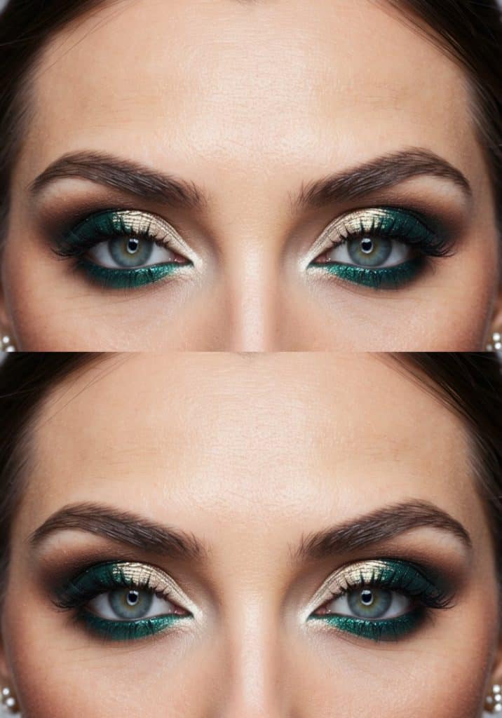 A bride with emerald eyeshadow, a dark crease, and shimmering highlights