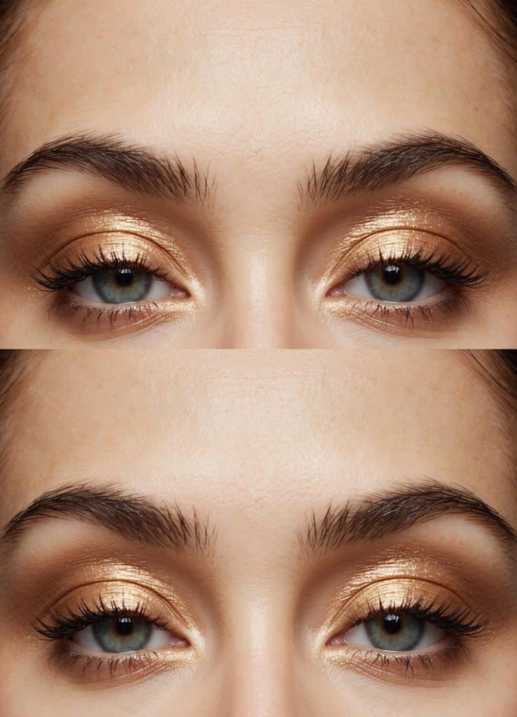 Soft neutral eyeshadows in copper and gold shades, with a subtle glow, applied to a model's eyelids