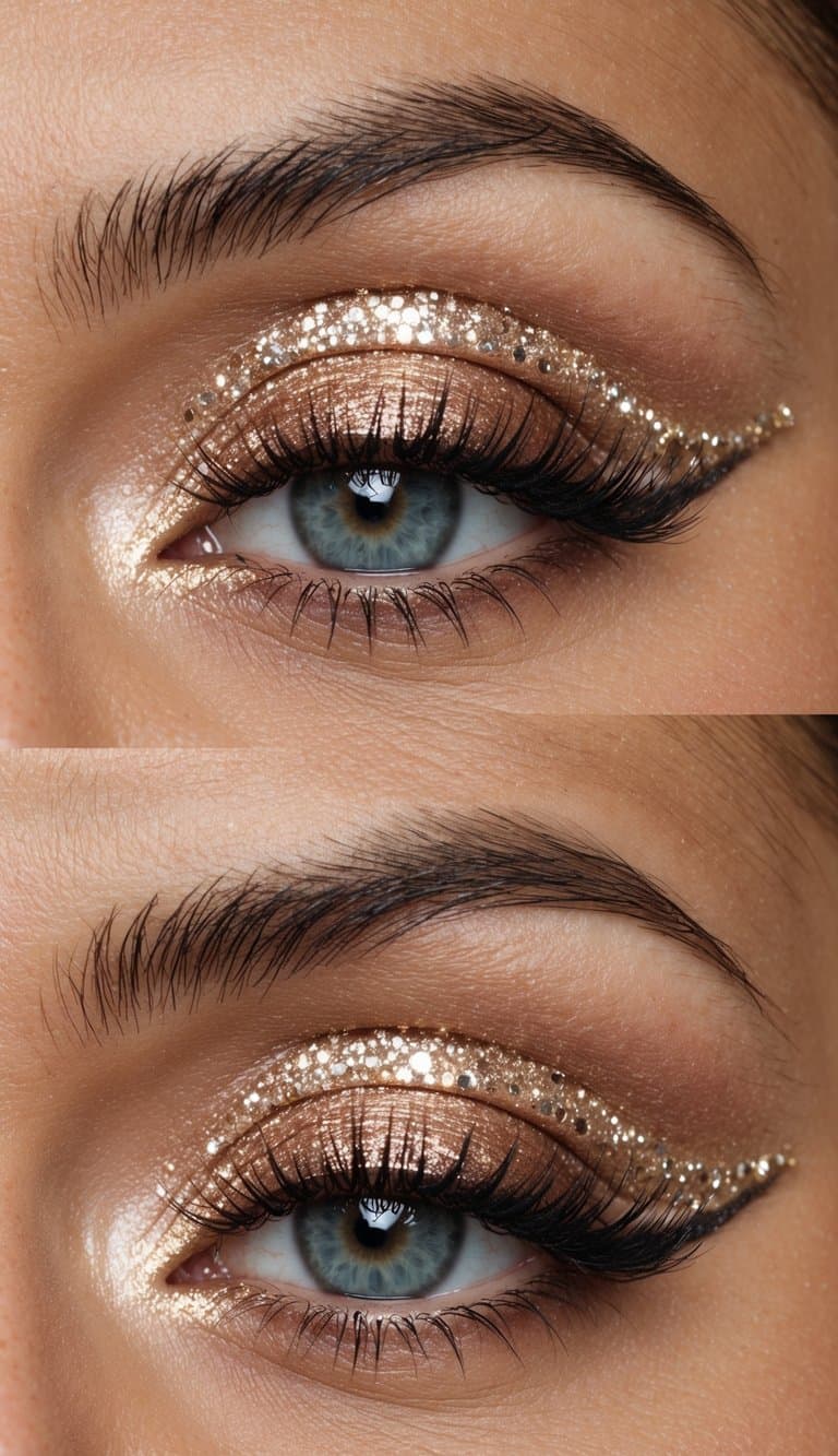 A close-up of a sparkling rose gold halo eye makeup look, with intricate details and shimmering accents
