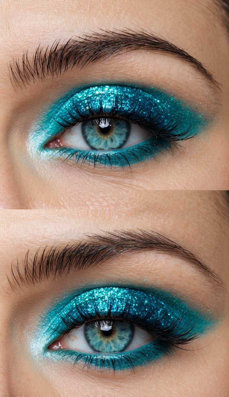 A close-up of a vibrant aqua-toned eye with turquoise glitter lid makeup, with emphasis on the refreshing and vibrant color