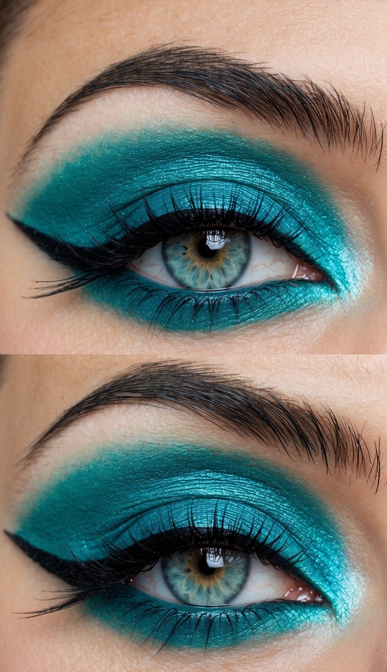 A teal cat's eye with vibrant aqua eyeshadow, framed by long lashes and a sleek eyeliner wing