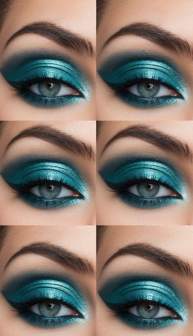 A close-up of a vibrant aqua smoky eye makeup look with shimmering tones and blended edges