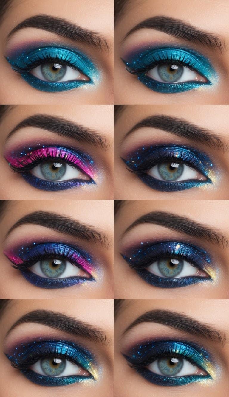 Vibrant and cosmic eye makeup designs with bold colors and shimmering accents