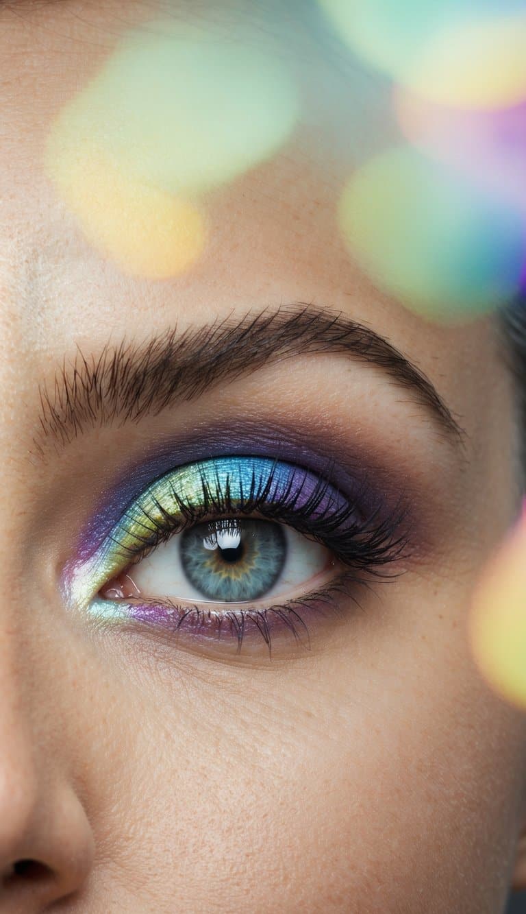 A close-up of colorful, shimmering eye makeup surrounded by a soft, hazy summer mist
