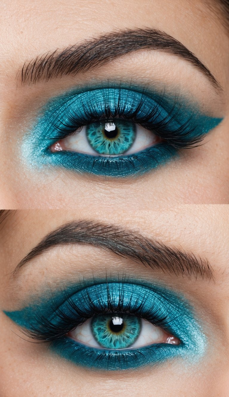 A close-up of a pair of eyes with vibrant aqua-toned eye makeup, surrounded by a lagoon blue halo