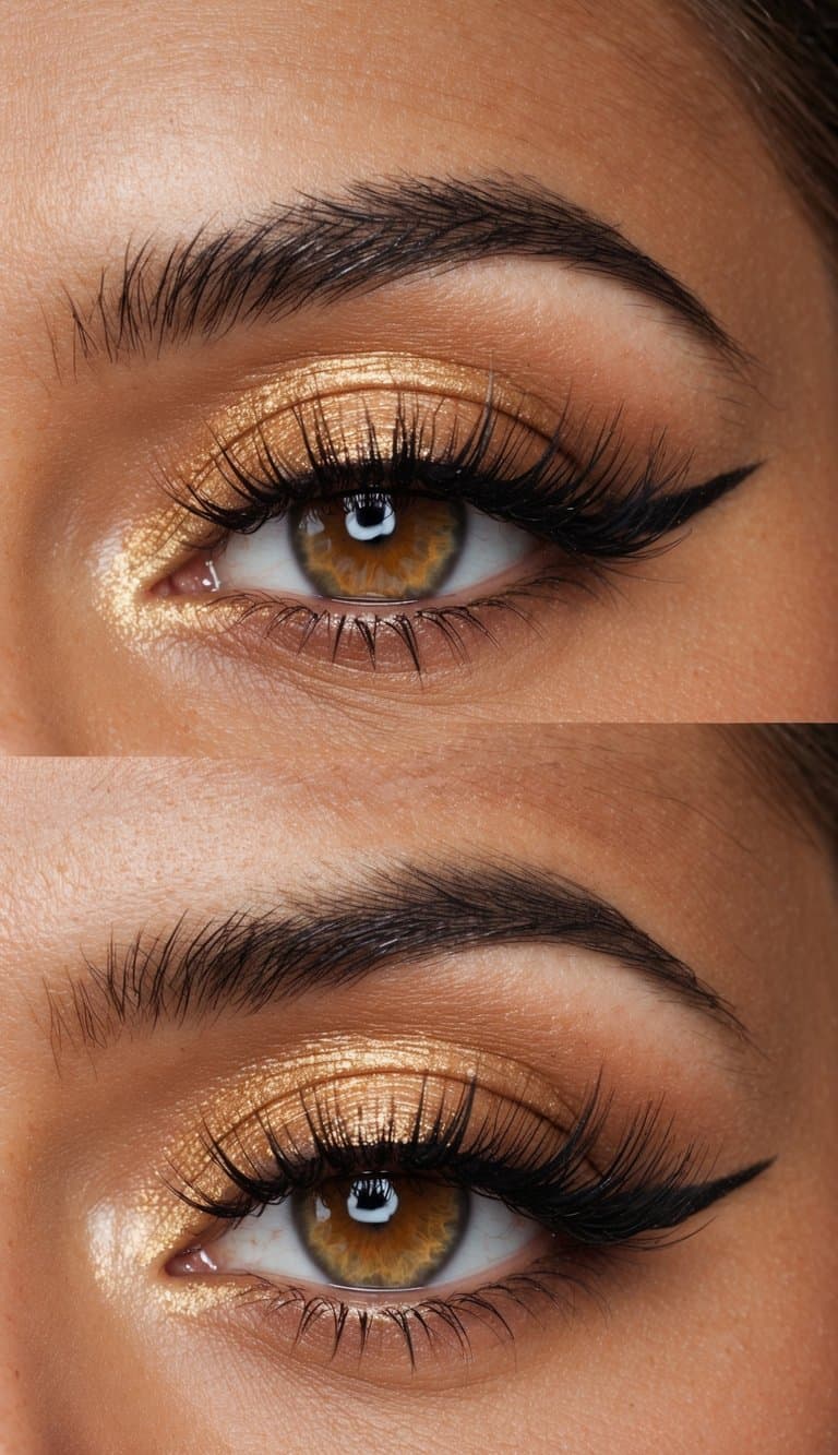 A close-up of a warm honey glow eye makeup look with shimmering gold and bronze tones, accented with bold eyeliner and long, fluttery lashes