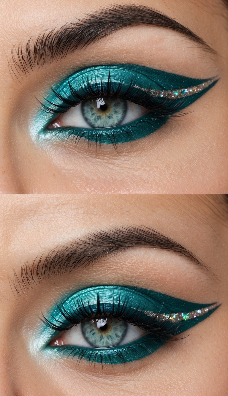 A close-up of vibrant aqua-toned eye makeup, with jade winged liner and shimmering accents