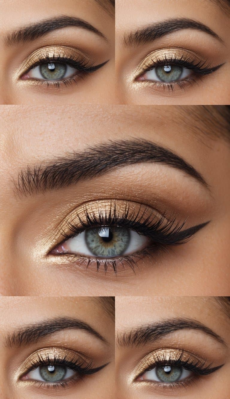 A close-up of an eye with champagne shimmer eyeshadow, surrounded by trendy and visually stunning makeup looks