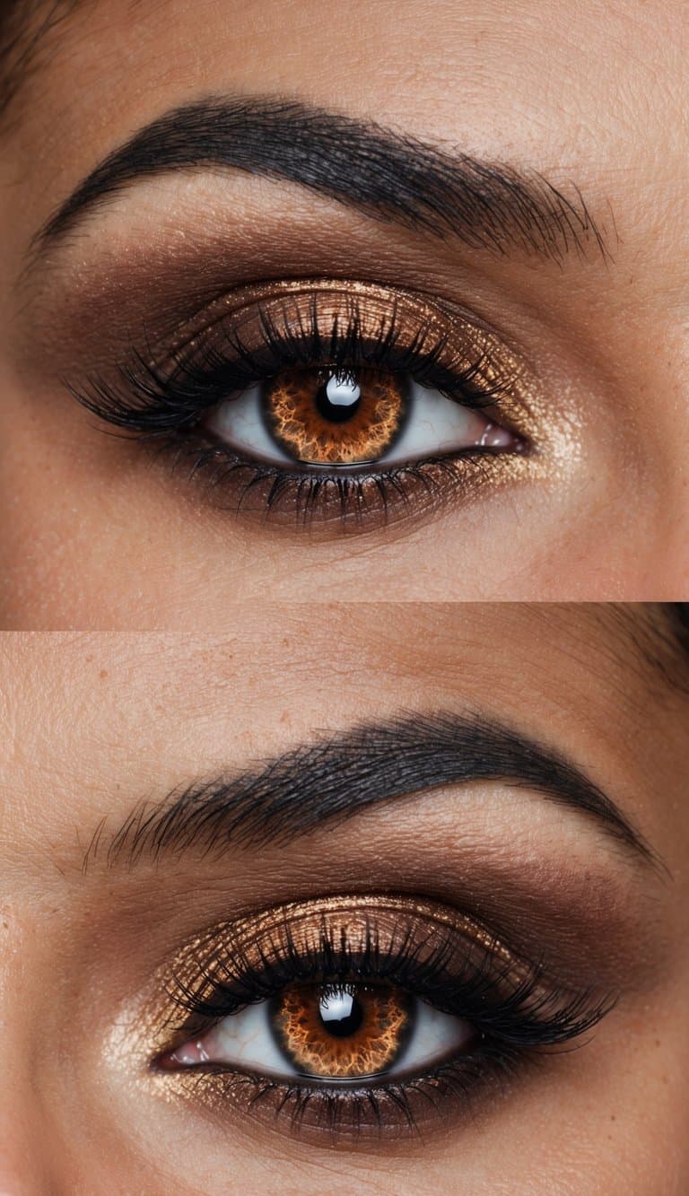 A close-up of a pair of eyes with copper smoke eye makeup, featuring intricate and visually stunning details