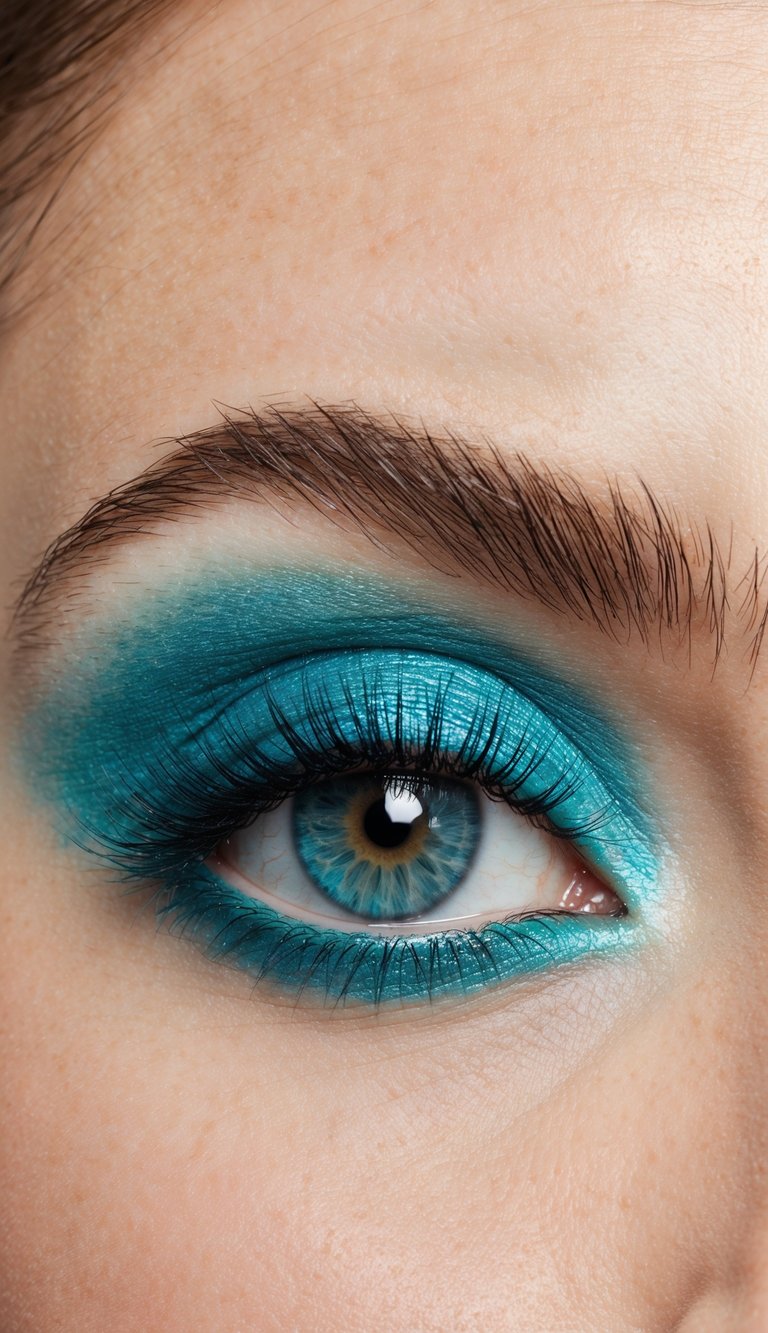 A close-up of a pair of eyes adorned with vibrant aqua-toned eye makeup, with a refreshing sea mist shimmer
