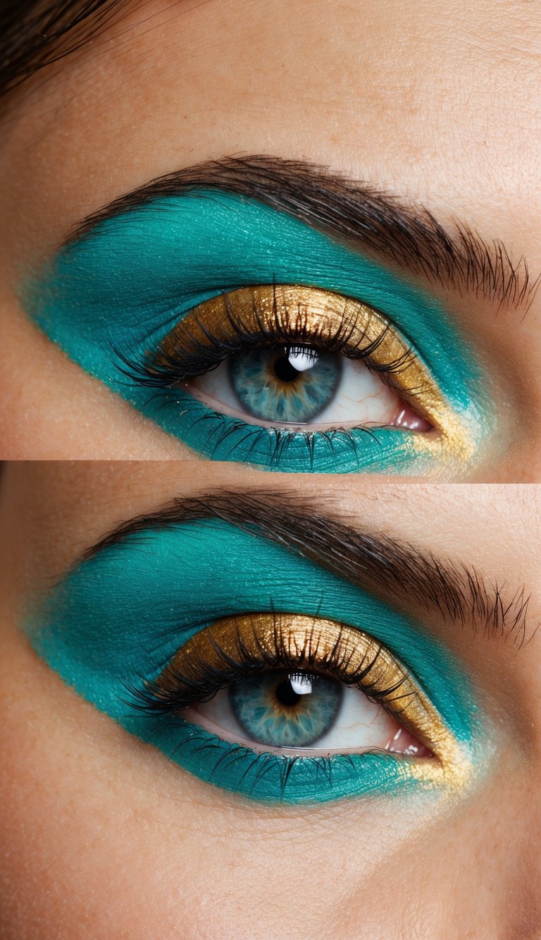 Vibrant aqua and gold eyeshadow blending together in a refreshing fusion