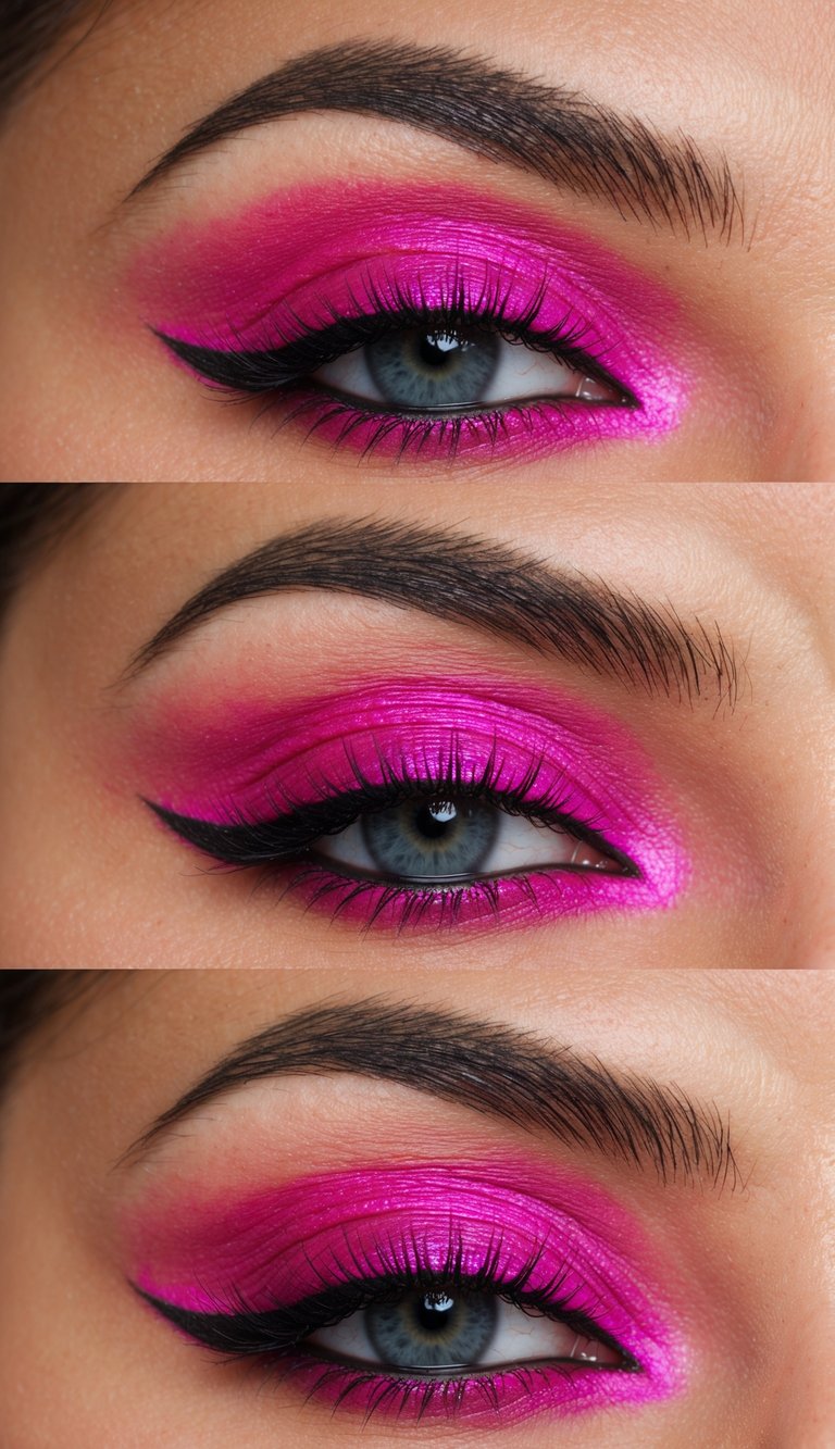 A close-up of vibrant, hot pink smoky eye makeup with bold and colorful eyeshadow blending