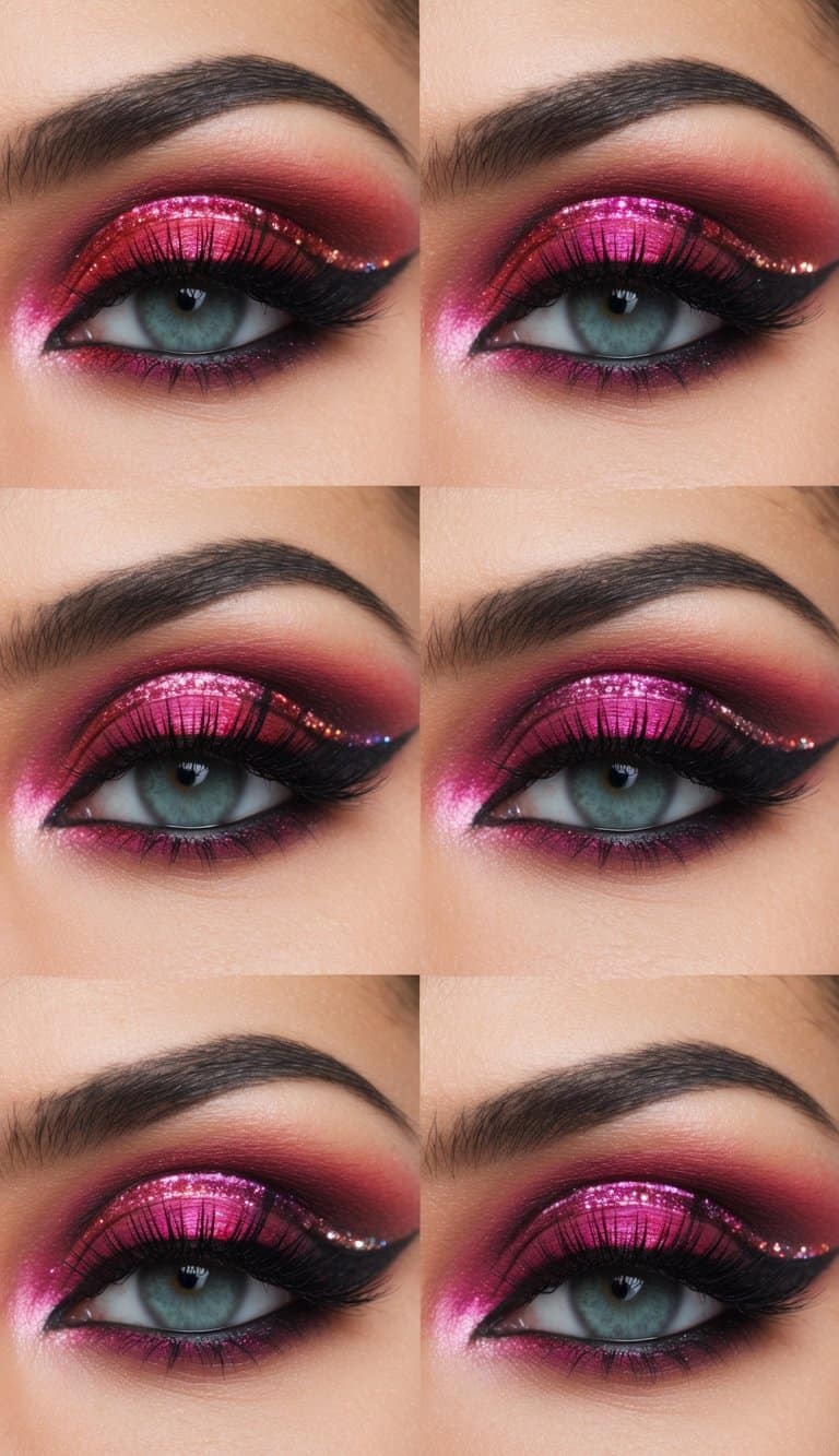 A close-up of vibrant, bold eye makeup in various shades of crimson, with intricate designs and shimmering accents