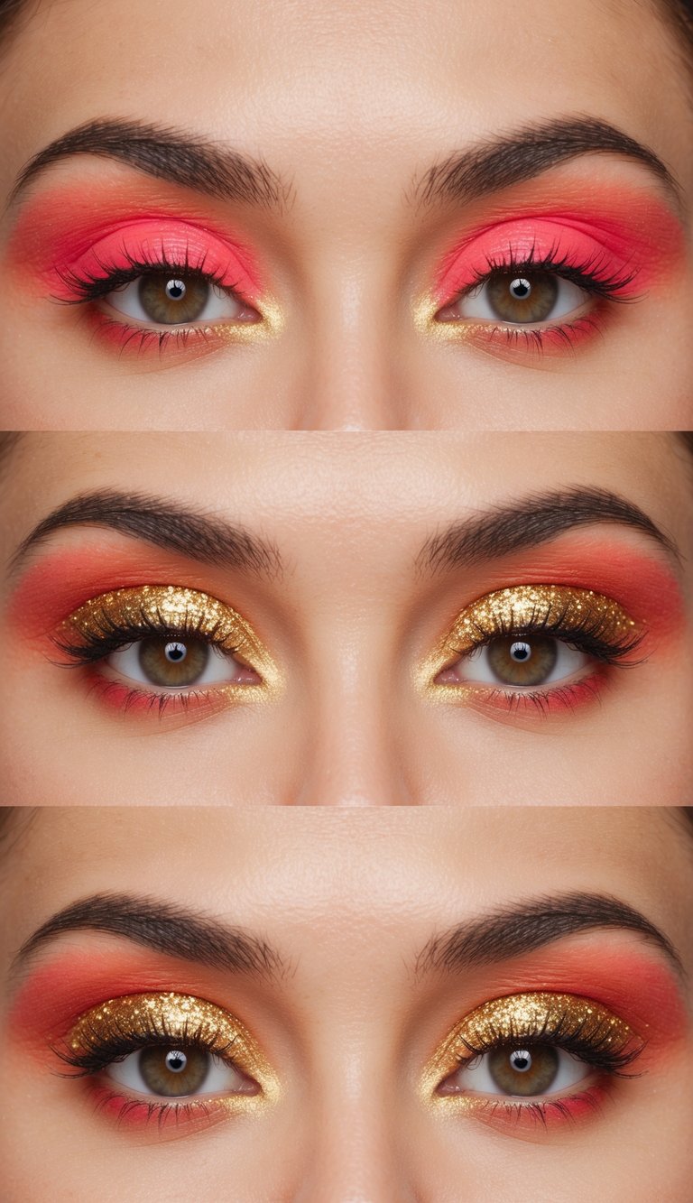Vibrant coral and gold glitter eye makeup with playful and bright colors