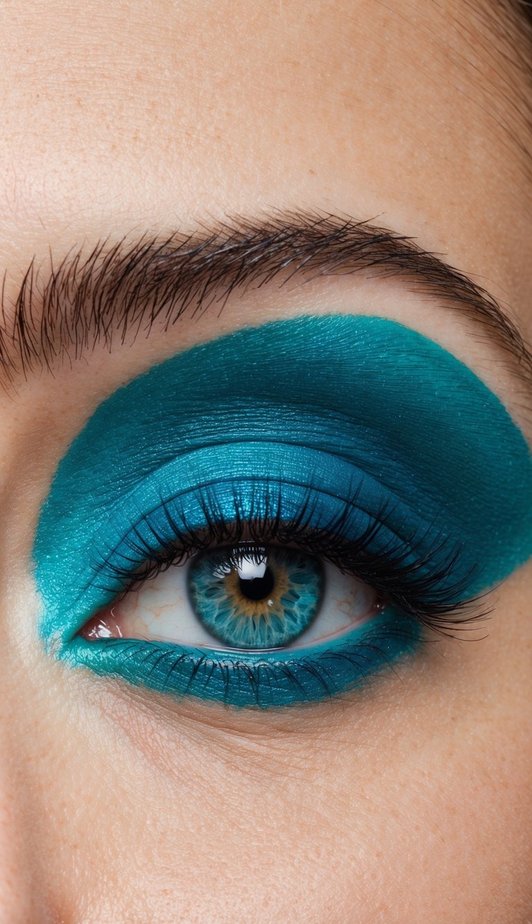 A close-up of an eye with vibrant aqua-toned makeup, blending into a deep sea gradient