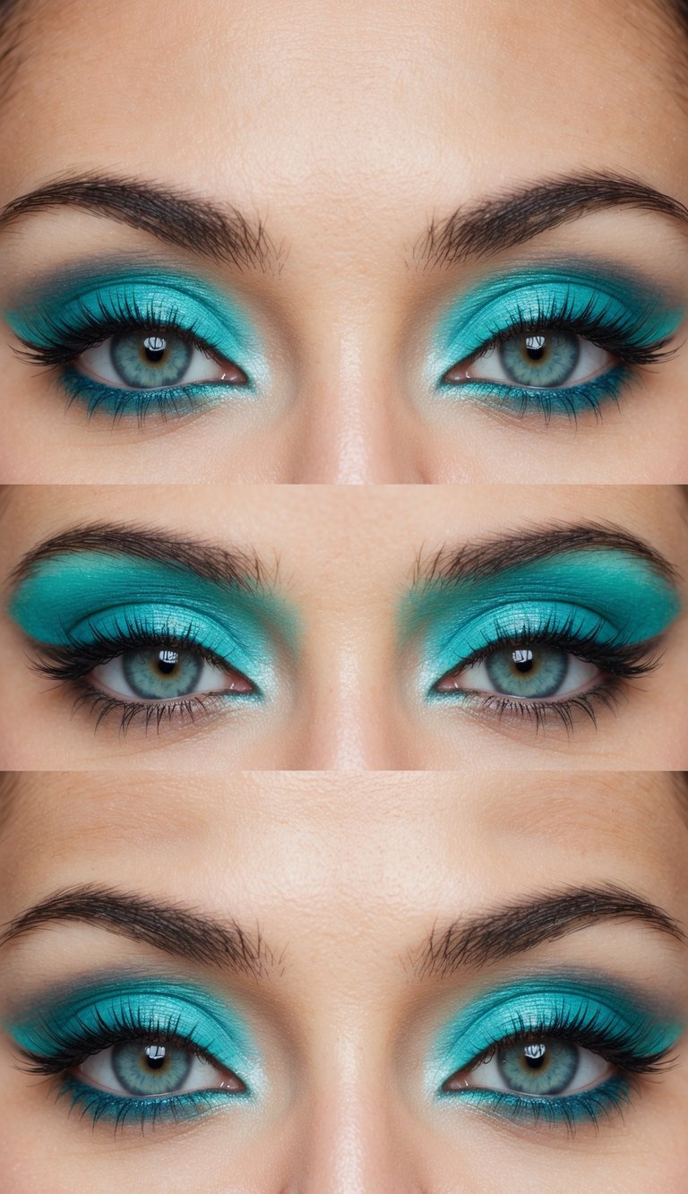 A close-up of a pair of eyes with vibrant aqua-toned eye makeup, reflecting the refreshing and invigorating feeling of a sea breeze